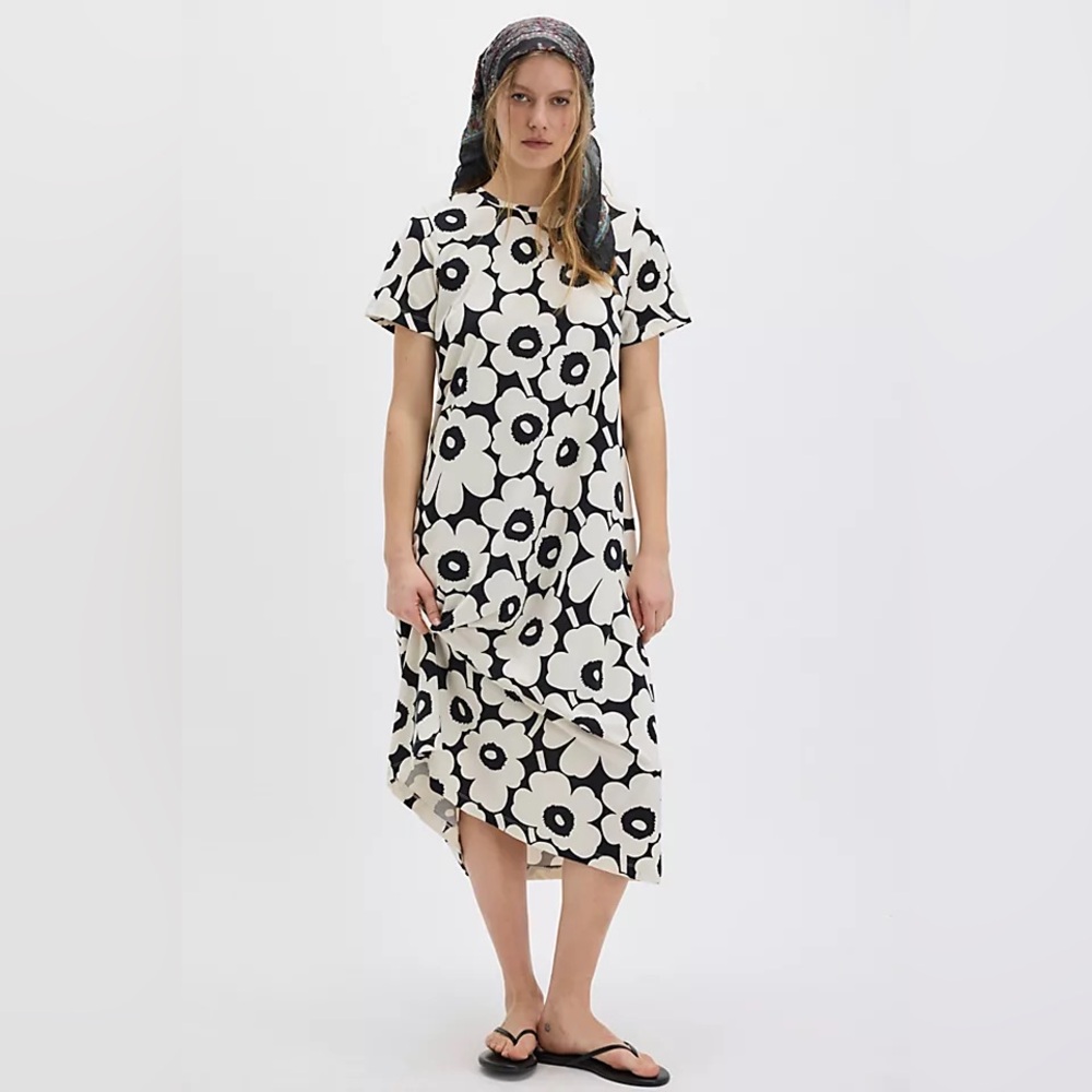 Marimekko Black and White Floral Midi Dress with Graphic Print